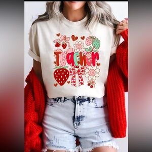 1023. Cute strawberry “TEACHER” cuffed short sleeve t-shirt white